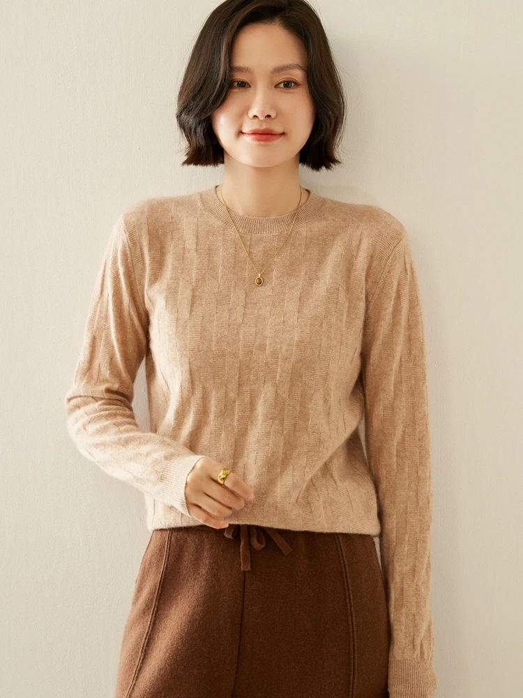 

Elegant Warm Soft O-Neck Exquisite Jacquard Comfort Women's Autumn Winter 100% Cashmere Sweater Solid Casual Loose Clothing Tops