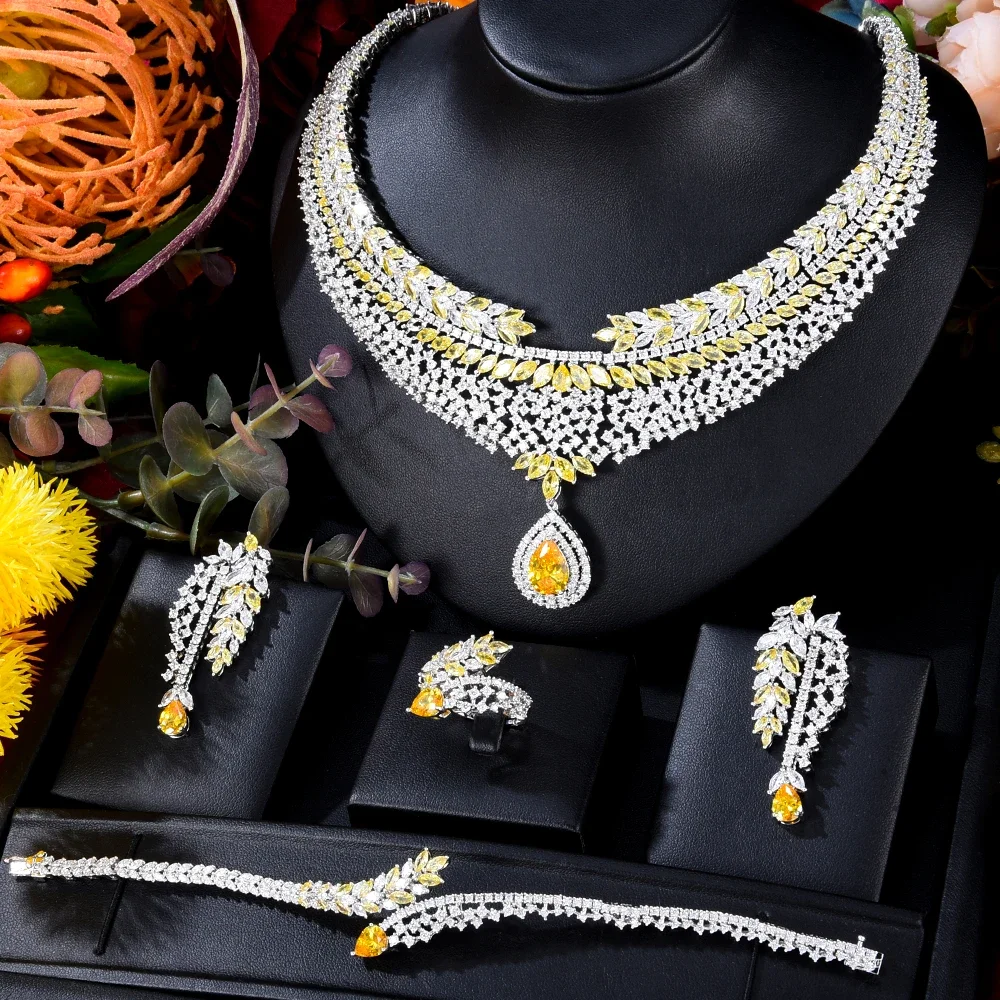 

Jimbora New Luxury Shiny 4PCS Necklace Earrings Bangle Ring Jewelry Sets For Women Cubic Zircon Original Bridal Wedding Jewelry