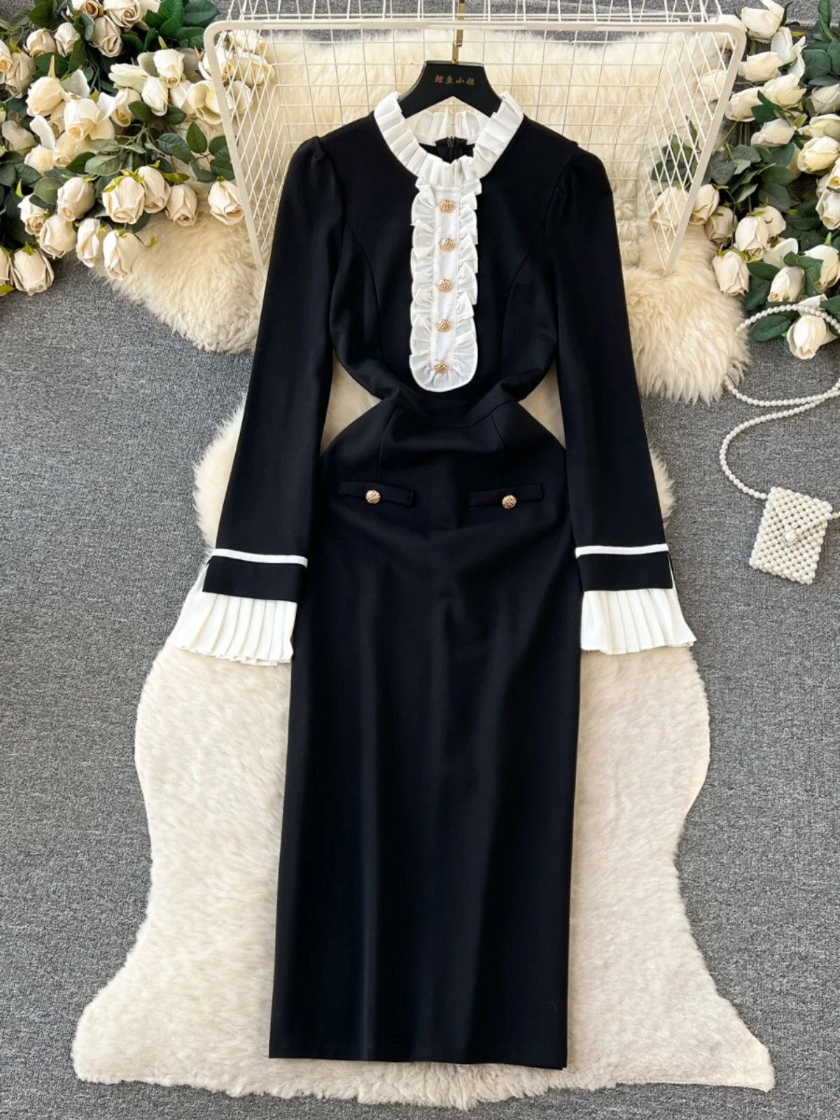 French Hepburn Style Autumn Winter Dress Women\'s Black White Ruffles Long Sleeve Midi Vestidos Office Lady