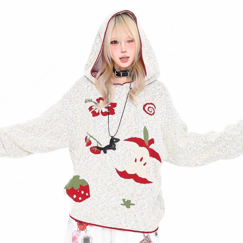 Otoño nuevo divertido estampado de frutas suéter con capucha para mujer diseño Original estilo japonés Casual suelto versátil Jersey de punto señoras