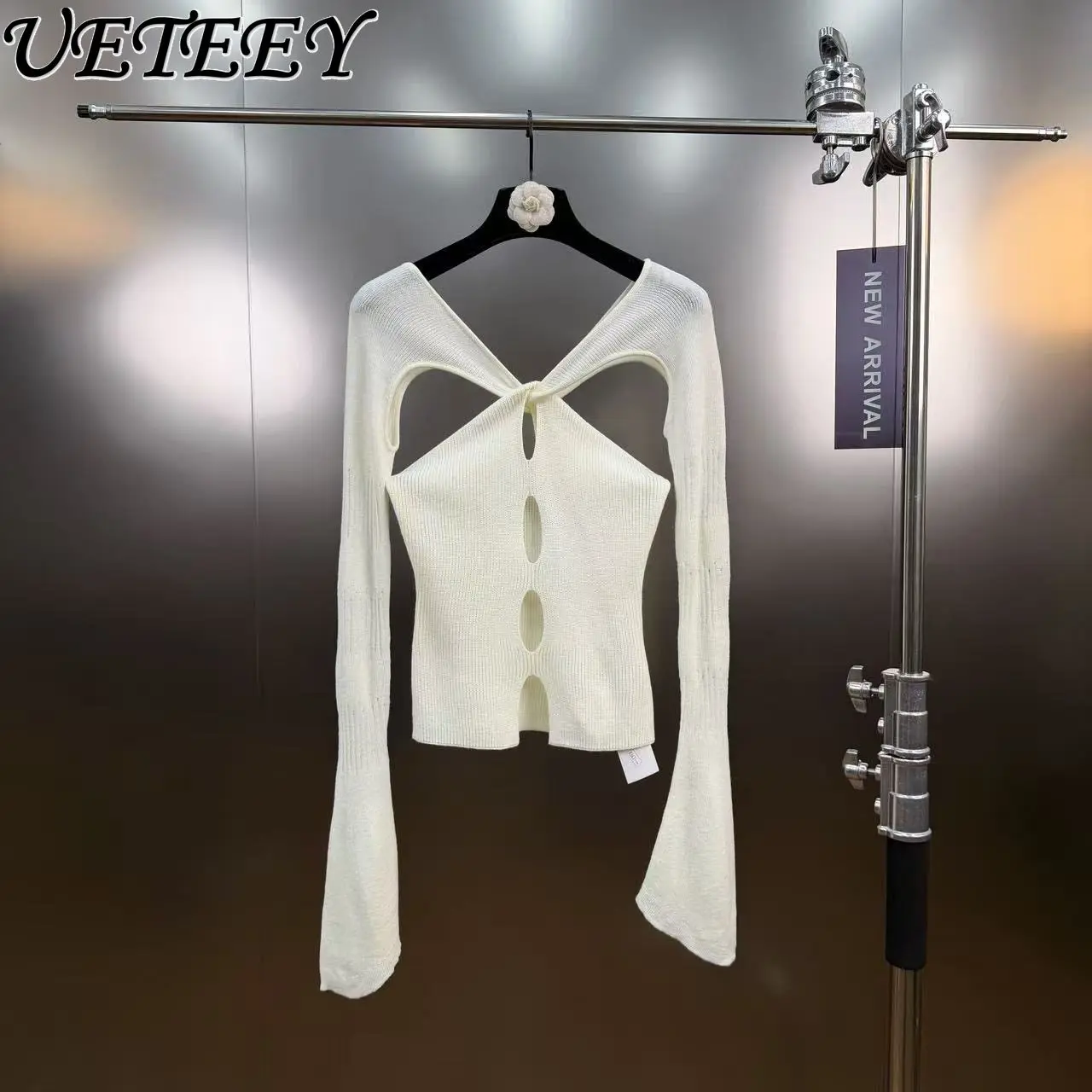 

2026 весенний ажурный потертый вязаный свитер, женская мода, универсальный облегающий топ с длинными рукавами, базовая рубашка