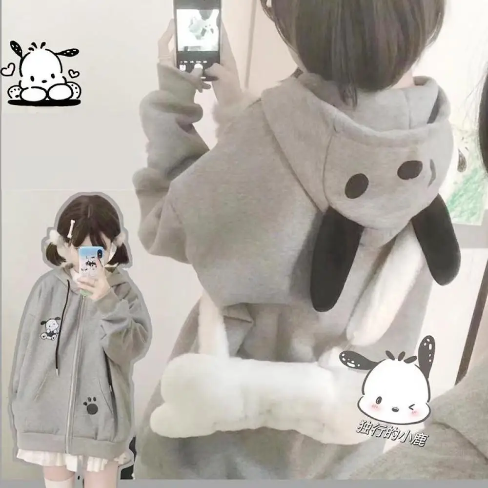 Sanrioed Pochacco Ear Hooded Cardigan Hoodie Zip Jacket Anime Kawaii Cotton Spring Autumn Sweet Japanese Loose Student Girls