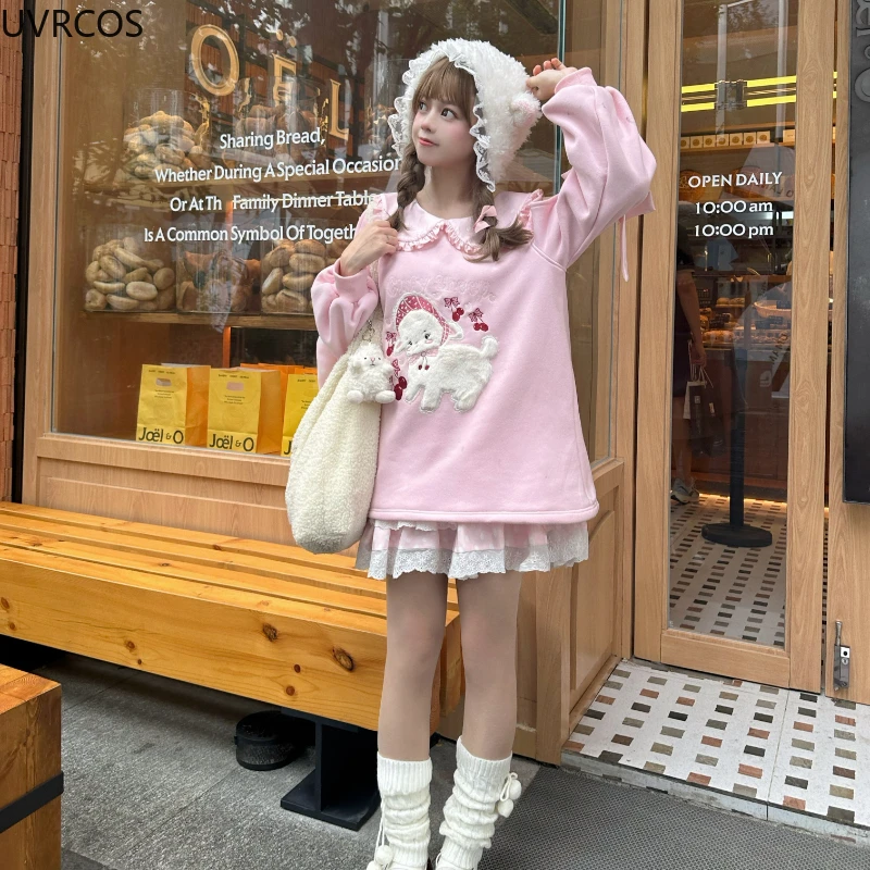 Japanese Kawaii Lolita Hoodies Women Sweet Cartoon Lamb Embroidery Fashion Pullovers Y2k Aesthetic Casual Loose Bow Sweatshirts