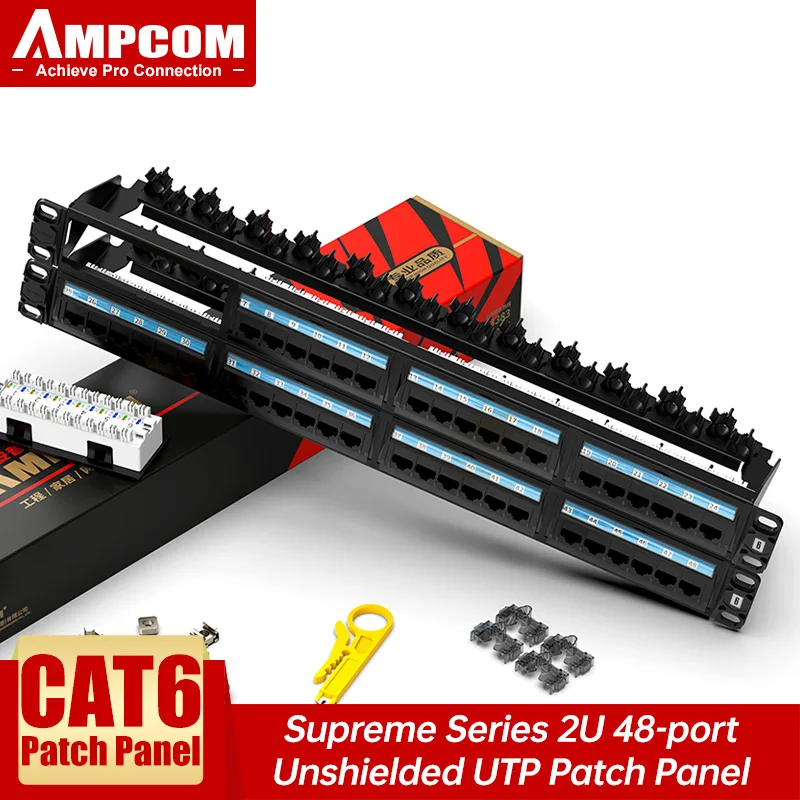 AMPCOM (UL Listed) CAT5e/CAT6 24/48 Ports Patch Panel, Rack Mount - 1U, 2U, 19 inch, 50u Gold Plated, Rear Cable Management Bar