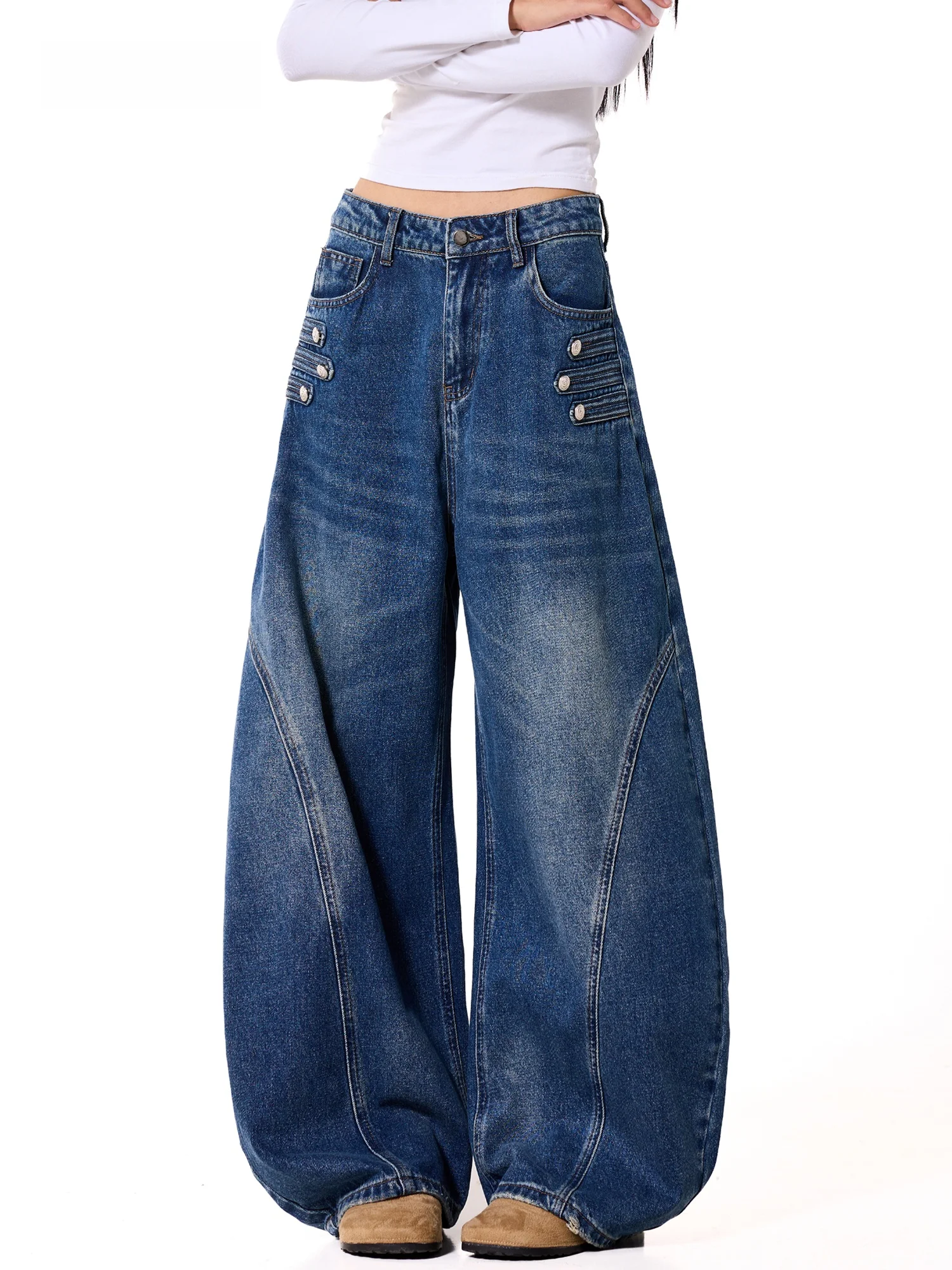 Women's Wide Leg Denim Jeans High Waist Cotton Blend Comfortable Breathable Vintage Washed Loose Fit Trousers Autumn New Arrival
