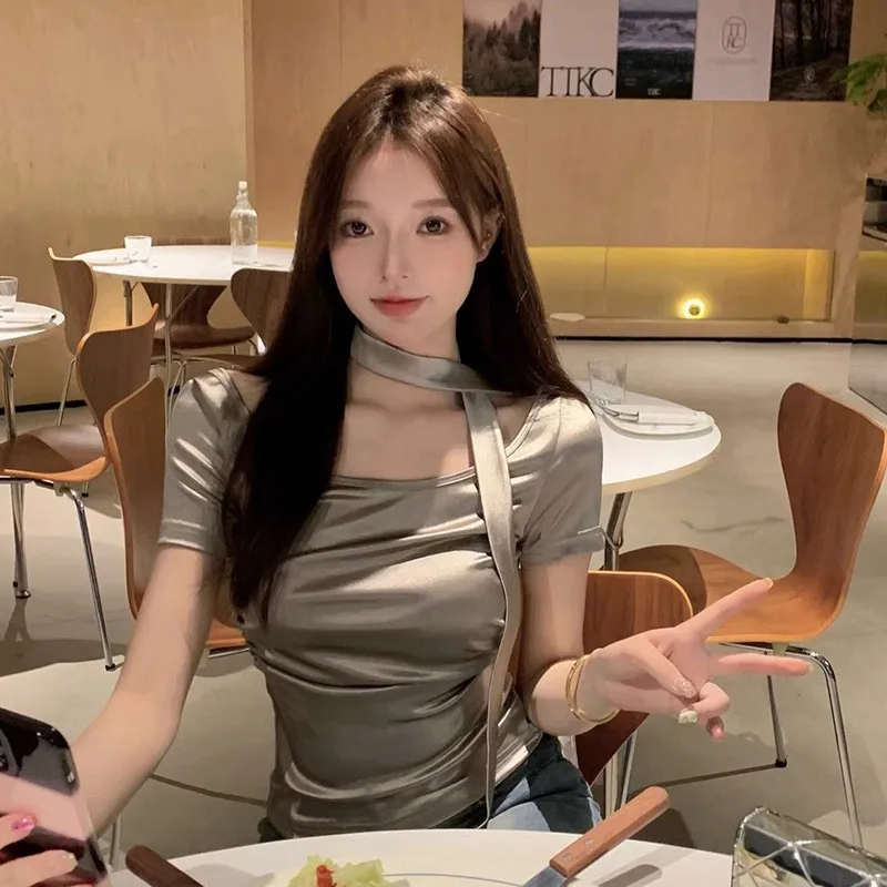 

Silver ort Sve T-irt Women's Summer Design Sensation Small Ne Bone Folded Slim Fit ort Top Faionable Busin Ca...