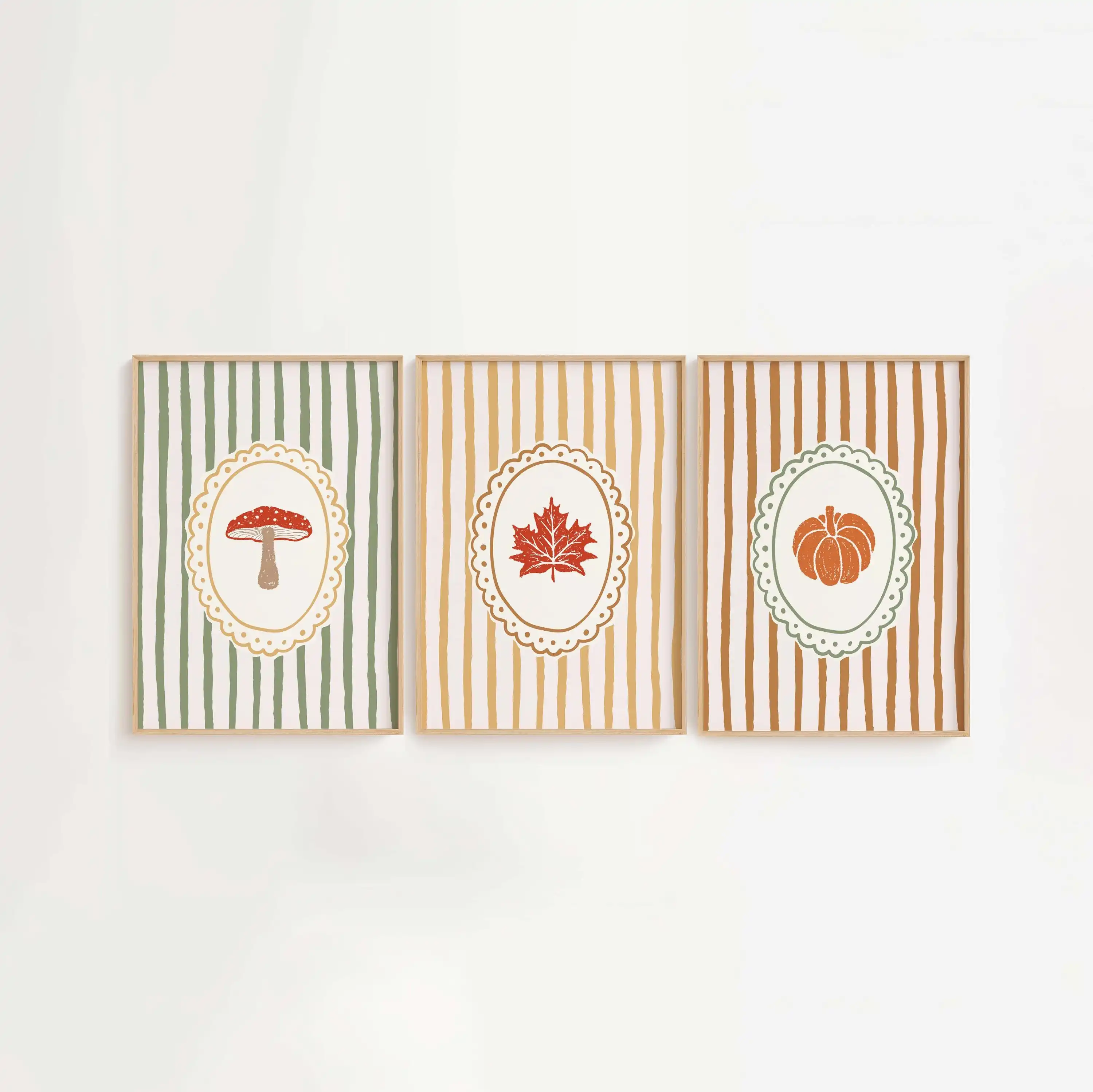3pcs/Set Striped Fall Pumpkin Wall Art Prints - Unframed Mushroom, Maple Leaf Canvas Posters for Living Room and Bedroom Decor