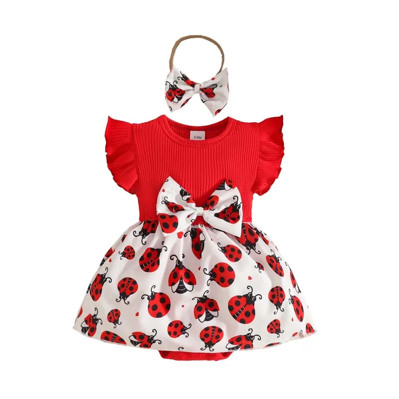

Summer 0-18 Months Outfits Baby Girl Clothing Ruffled Sleeves Ladybug Print Bodysuits With Headband Newborn Baby Clothes