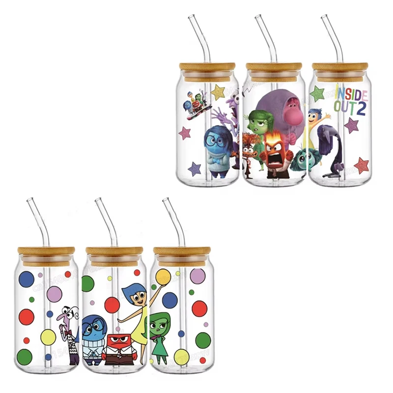 Heiß von innen nach außen 2 uv dtf Wrap Transfer Aufkleber Disney Cartoon Figur Traurigkeit Freude Wut wasserdicht Wrap Aufkleber für 16oz Glas Tasse