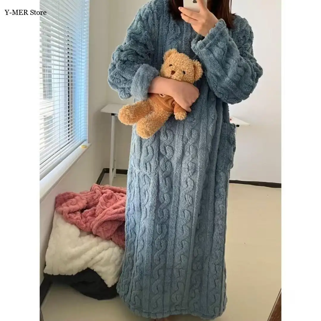 

Осень-зима, новая ночная рубашка, теплая ночная рубашка из кораллового флиса, длинный халат, женская теплая одежда для сна, домашний халат, одежда для дома с карманами