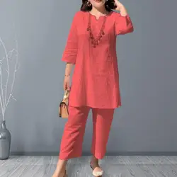 1 Set Two Pieces Set pant sets V-Neck  Lady Summer Suit Casual Tee Shirt Long Pants sets for women 2 pieces