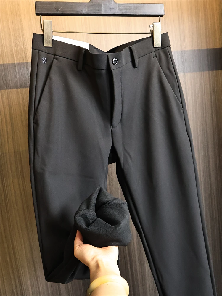 

Высокоэластичные прямые мужские повседневные брюки Cosite из полиэфирного волокна, теплые повседневные брюки для бизнеса на осень-зиму