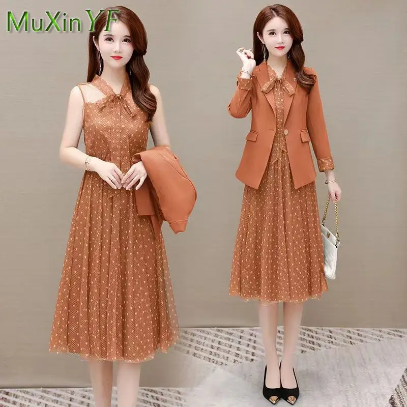 2024 Summer Autumn New Suit Jacket Floral Dress Two-piece Women Elegant Blazers Mesh Midi Dresses Set Female Professional Wear