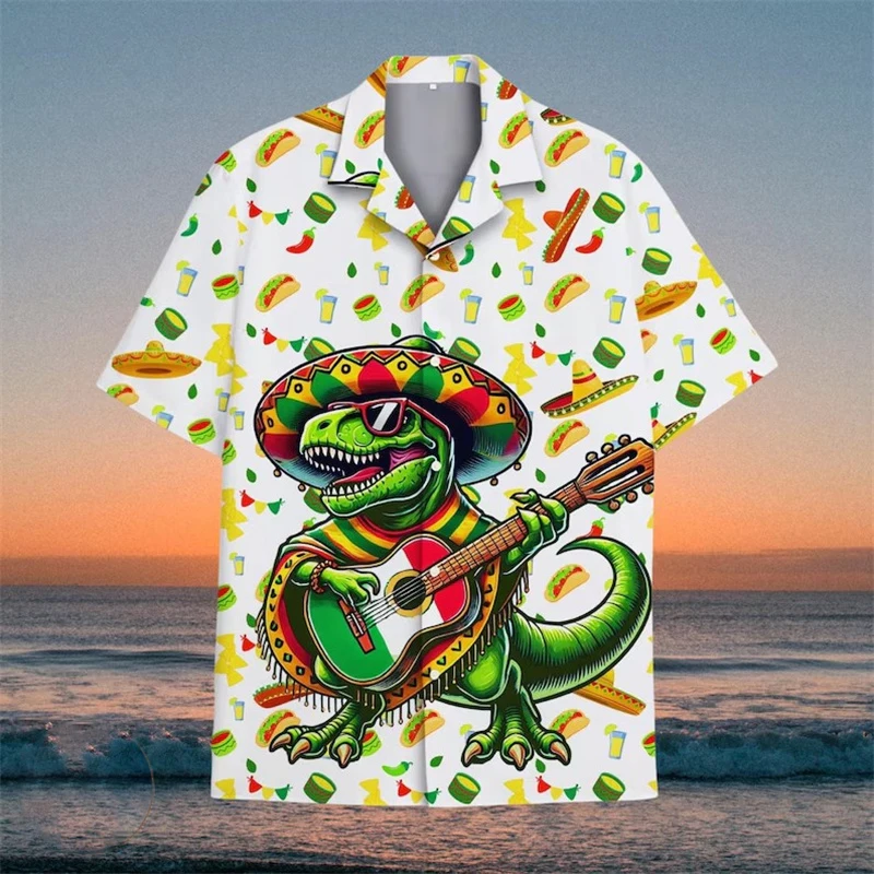 

Mexican Style Dinosaur Print Shirts Men Women Personality Street Harajuku Short Sleeve Lapel Shirts 2025 Summer New Breathable