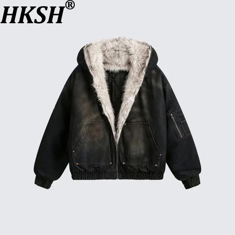 HKSH Autumn Winter New Man Tide Punk Washed Denim Jacket Fleece American Vintage High Street Waste Land Cotton Coats Ins HK10305