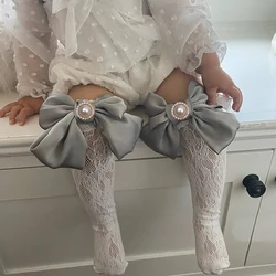 2PCS 0-6Years Rhinestone Children Royal Knee High Fishnet Socks Baby Girls Toddler Bowknot In Tube Socks Kid Hollow Out Sock Sox