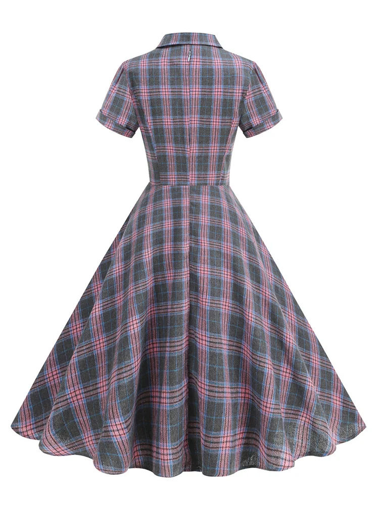 Sukienka midi w stylu angielskim z nadrukiem w kratę, vintage, retro, elegancka, codzienna, z krótkim rękawem, tunika koszulowa, sukienka wieczorowa z wybiegu, jesień 2025.