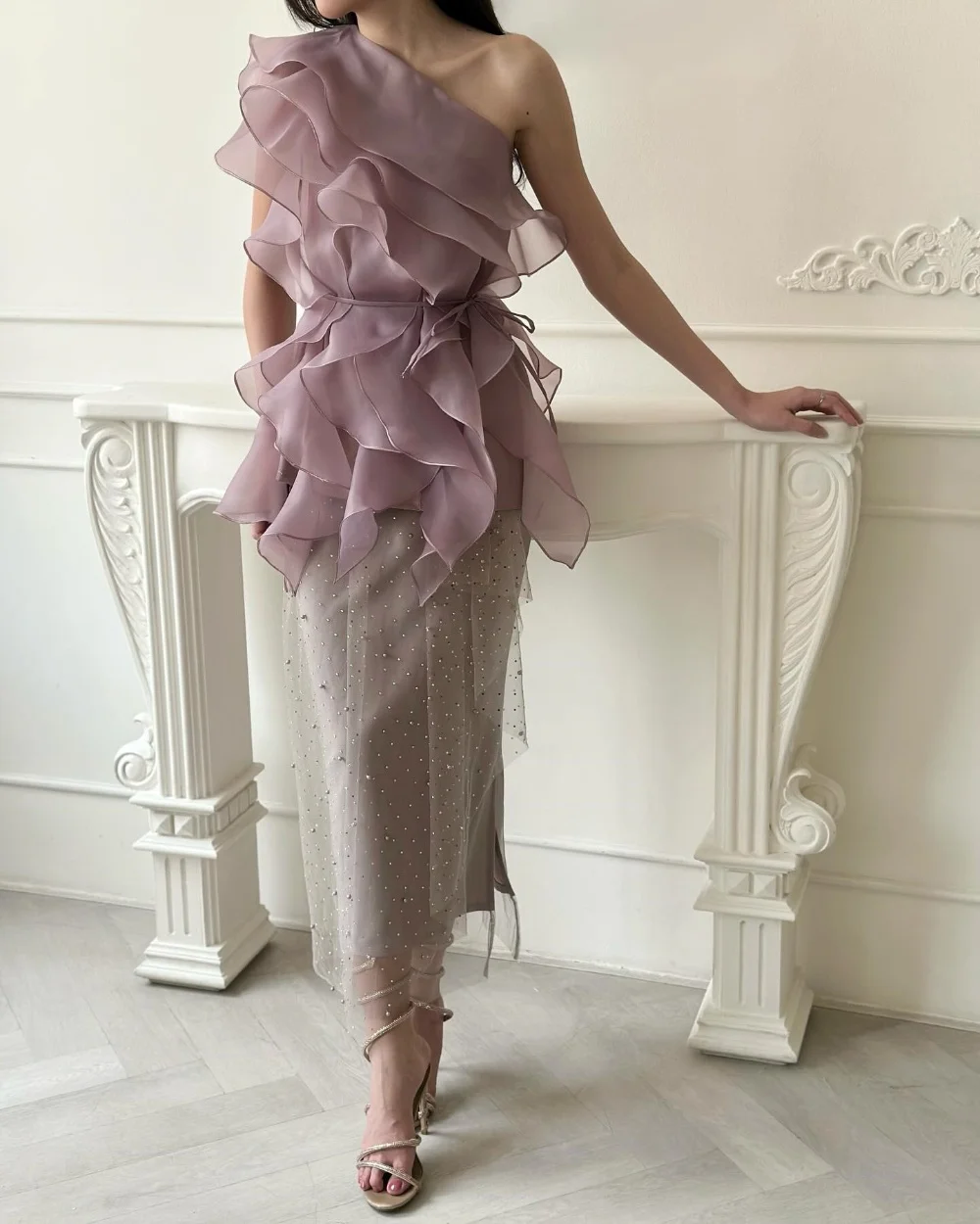 

Customized Matching Exquisite Pleat Ruched Pearl Beading Straight One-shoulder Midi Dresses Bespoke Occasion Dresses Fashion