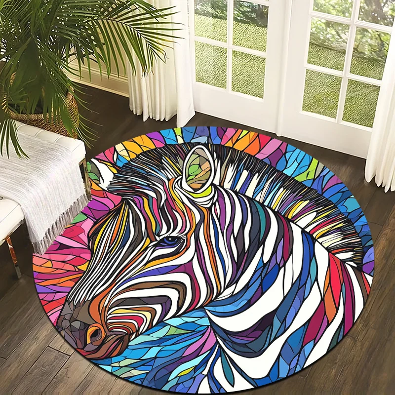 Colorful Zebra Art Style Flannel-printed round floor mats are slip-resistant Suitable living room bedroom terrace garden carpets