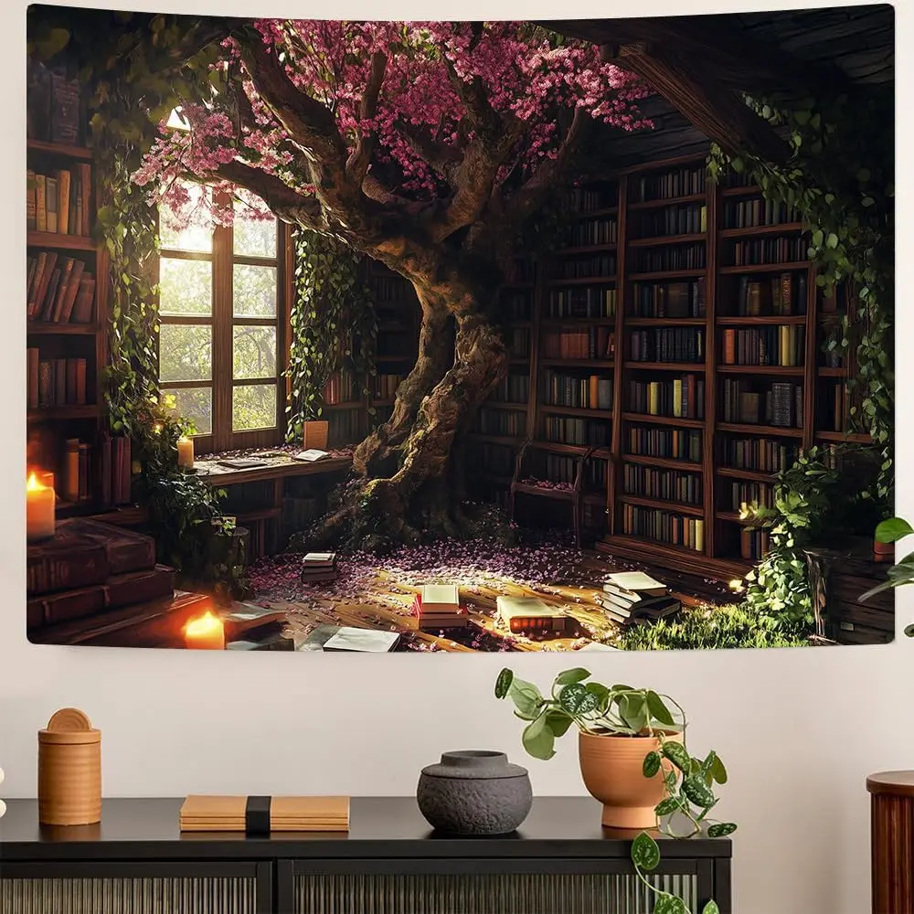 Bookshelf Tapestry Cherry Blossom Tree Tapestry Library Tapestries Reading Blanket for a Windowless Office and Dormitory Bedroom