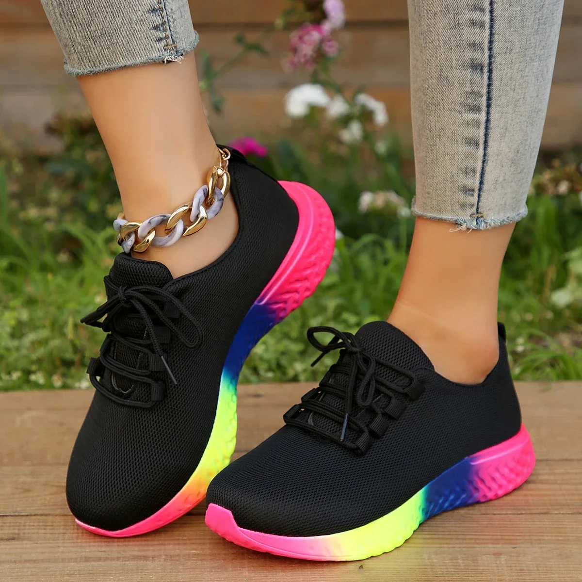 Spring Women's Mesh Breathable Sneakers Woman Low Top Lace Up Round Toe Rainbow Sole Casual Shoes Female Sport Running Shoes