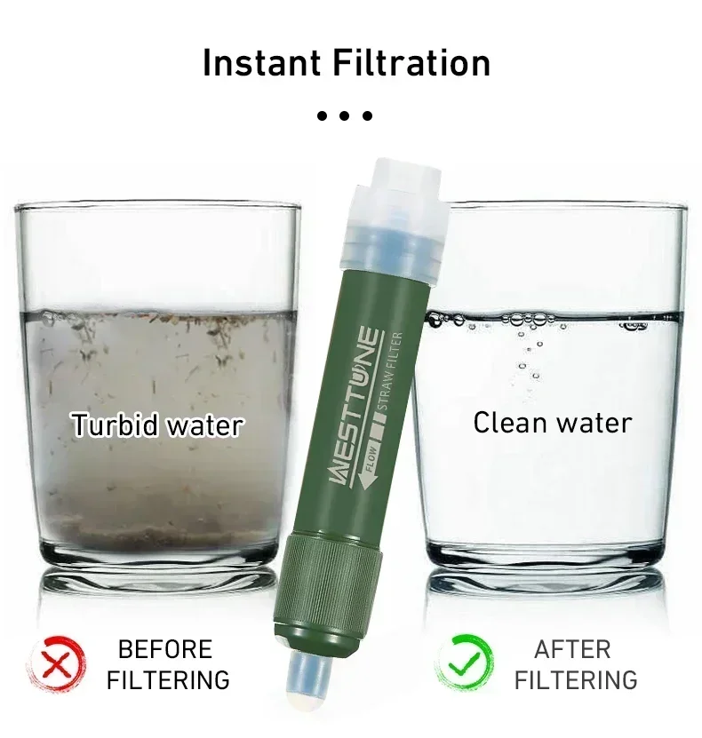 Westtune Outdoor Mini Camping Purification Water Filter Straw TUP ถุงน้ําคาร์บอนไฟเบอร์สําหรับการอยู่รอดหรืออุปกรณ์ฉุกเฉิน