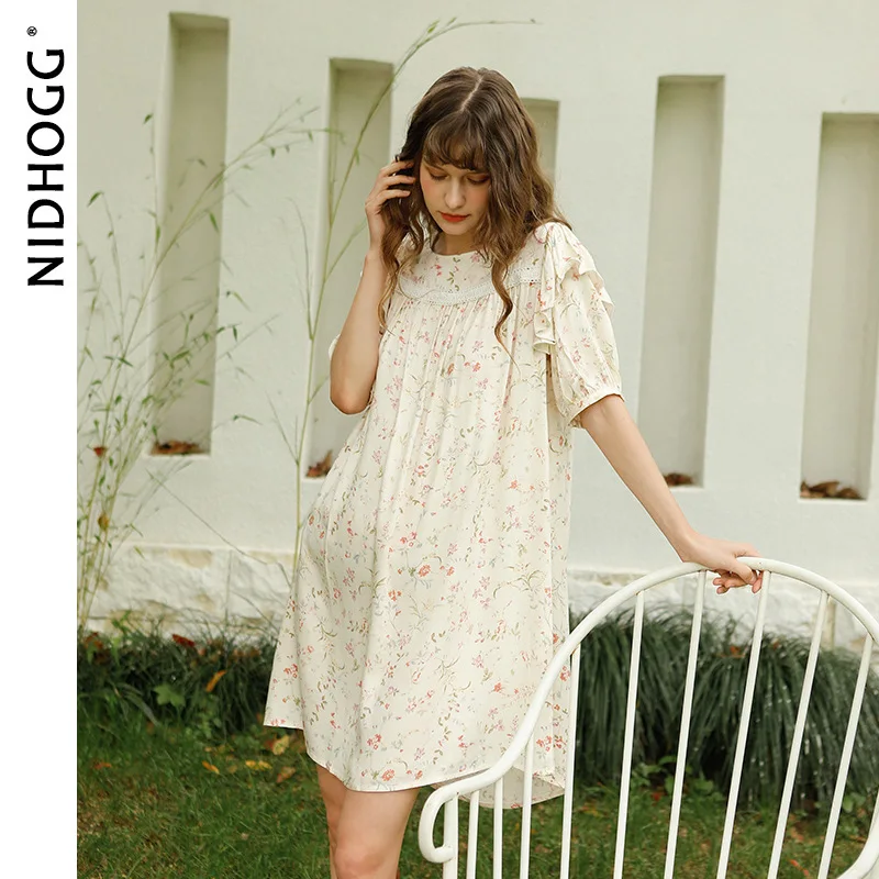 فستان نوم فرنسي عتيق مزين بالزهور للنساء صيفي بأكمام قصيرة من الدانتيل ثوب نوم الأميرة كشكش الجنية ملابس منزلية قميص نوم فضفاض #3