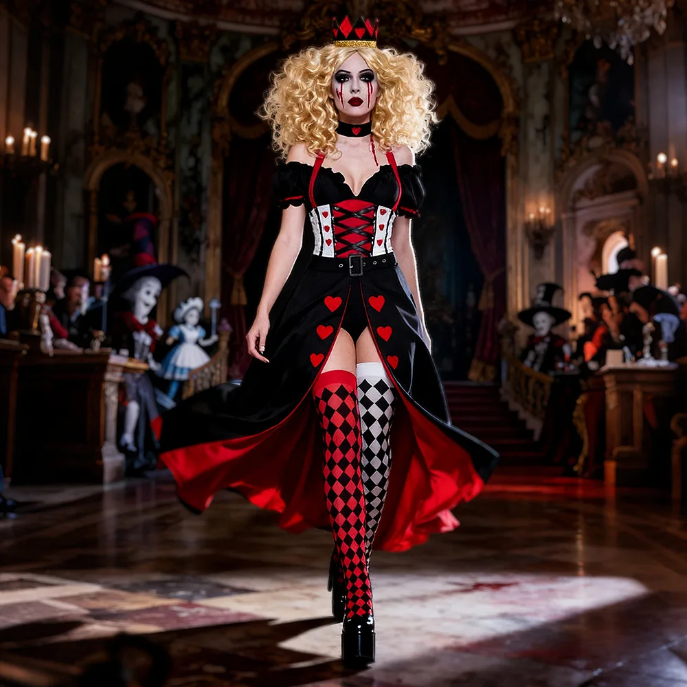 poker-red-heart-queen-costume-black-red-white-plaid-princess-dress-queen-fairy-tale-wonderland-red-heart-queen-dress-socks