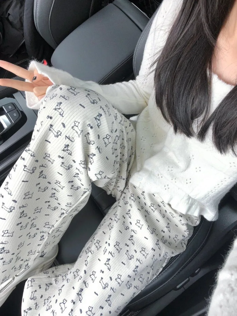 2024 Loose Straight Casual Japanese Pant Korean Wide Leg Sweet Cartoon Women Kawaii Dog Print Pants High Waist Trousers Y2k