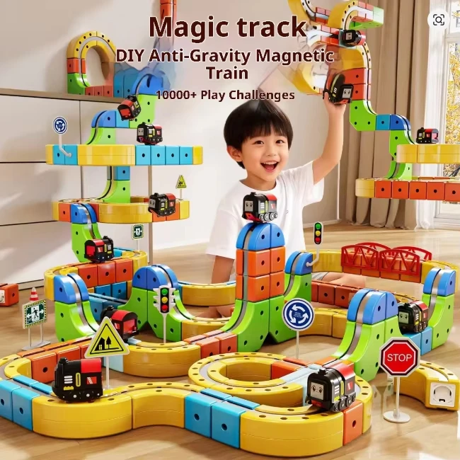 Magnetic Track Building Set, Electric Train & Car with DIY Versatile Blocks, STEM Creative Toy Gift for Kids Age 6+