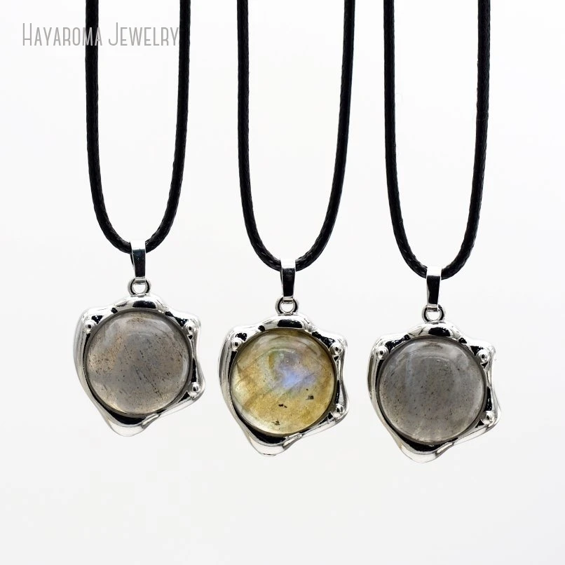 10Pcs Geometric Free Form Silver Color Wholesale Jewelry Semi-precious Stone Labradorite Leather Rope Necklace NM49593