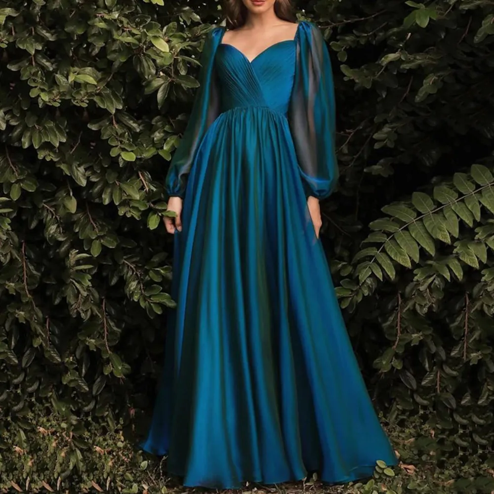 Elegant Blue A-Line Evening Dress V-Neck Backless Formal Floor Length Puff Long Sleeves Gowns Pleats Chiffon For Women 2023