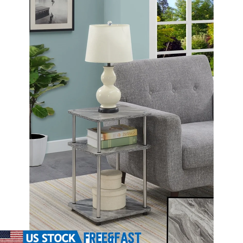 

No Tools 3 Tier End Table Storage Shelf Contemporary Indoor Furniture Chrome Stainless Steel Solid Particle Board Easy Assembly