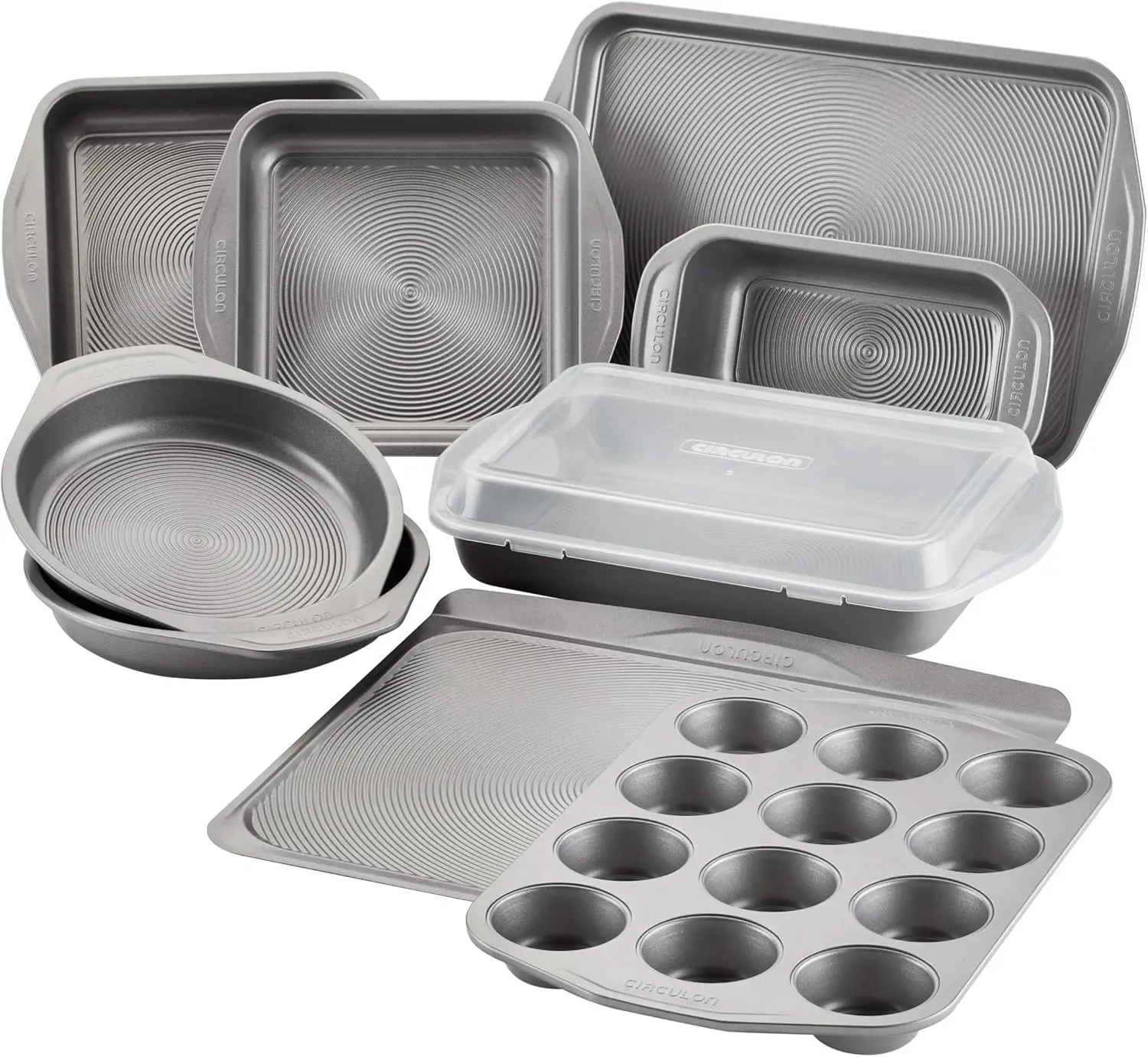 

Nonstick Bakeware Set with Bread Pan, Cookie Sheet, Baking Pans, Cake Pan and Muffin Pan - 10 Piece Gray