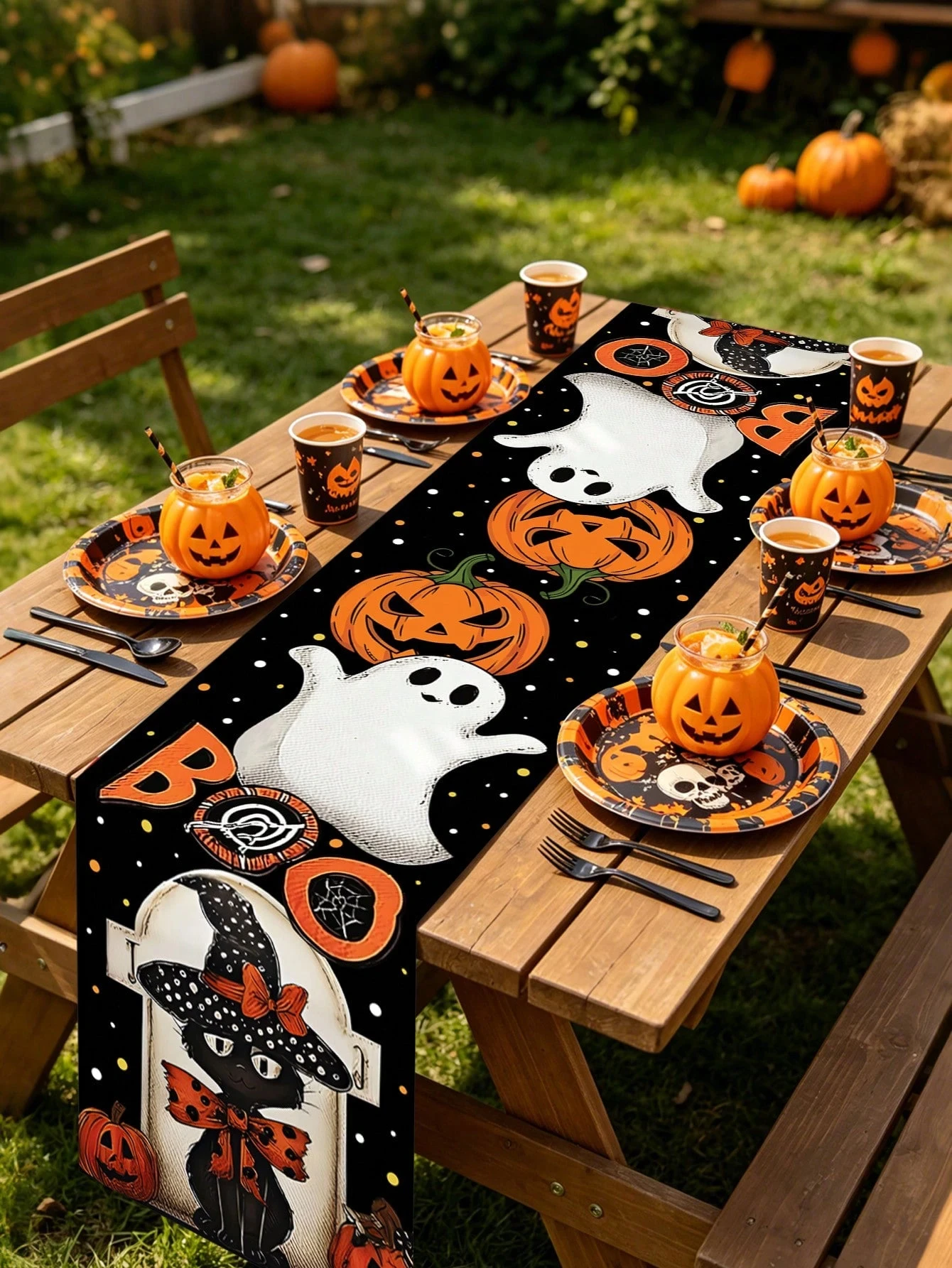 Artoid Mode Polka Dot Ghost Pumpkin Cat Halloween Placemats Table Runner Seasonal Fall Table Mats for Party Kitchen Dining Decor