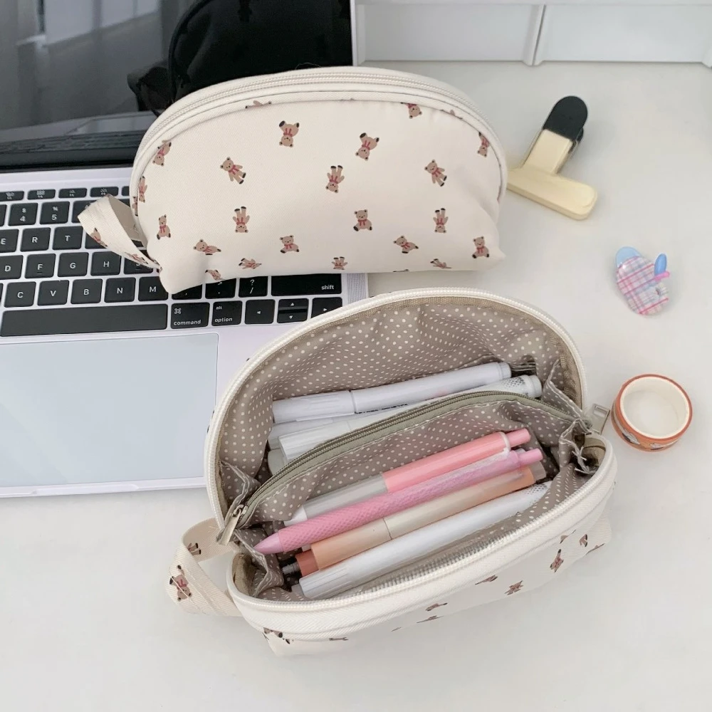 Cute Bear Multi-Layer Cosmetic Bag for Girls Portable Travel Makeup Pencil Case Zipper Toiletry Organizer Stationery Storage Bag