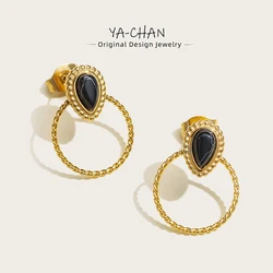 YACHAN Vintage Luxury Natural Stone Stainless Steel Stud Earrings for Women Simple Geometry 18K Gold Plated Waterproof Jewelry