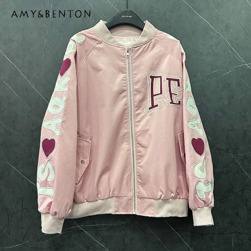 

Spring Heavy Industry Embroidered Letter Pink Age Reduction Jacket Women's Loose Casual Versatile Jacket Baseball Uniform Coat