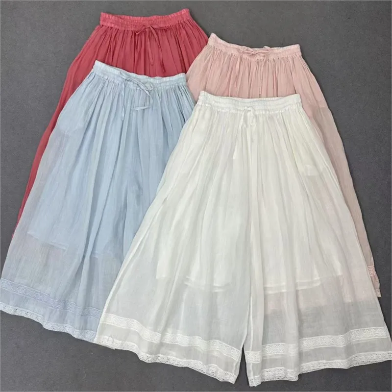 Johnature Ramie Patchwork Lace Pants Women Summer 2025 New Lace-up Elastic Waist High-waisted Cropped Pants