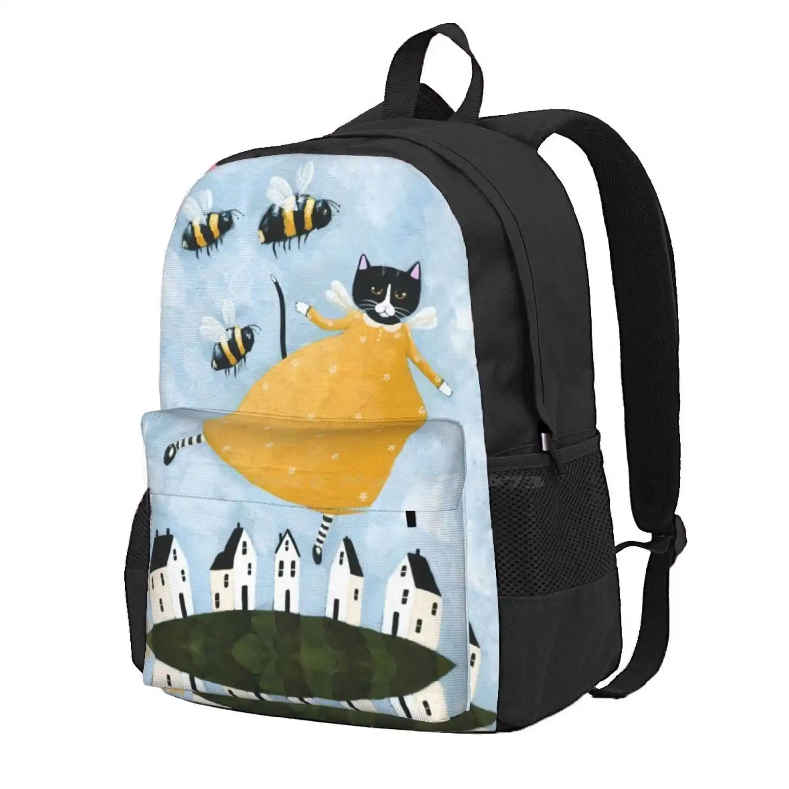 Dreaming Of Being A Bee Hot Sale Schoolbag Backpack Fashion Bags Folk Art Cat And Bees Flying Cat Whimsical Cat Cat Love Tuxedo