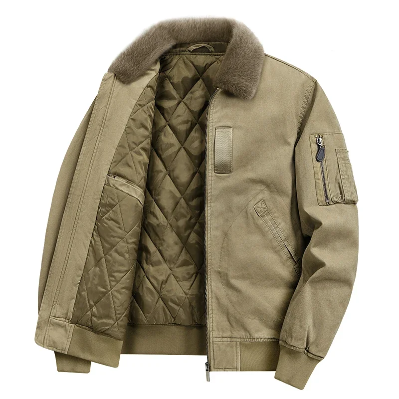 

New Winter Men Fur Collar Down Jackets Fleece Coats Warm Cargo Parkas Loose Fit Workwear Style Baseball Coat Pilot Outerwear