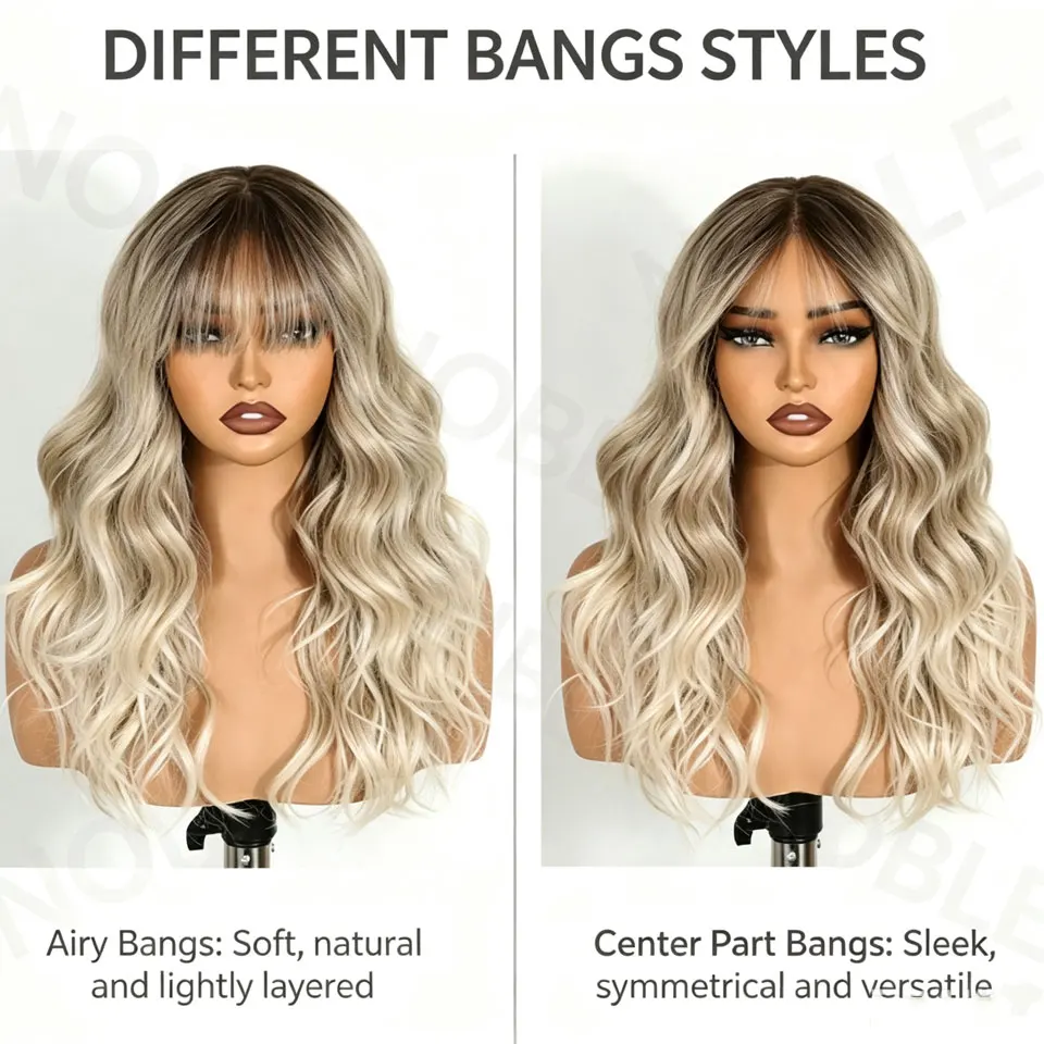 Noble 20-Zoll-Synthetik-Perücken mit Spitze vorne für schwarze Frauen, Ombré-Blond, 6x4, gewellte Perücke mit Pony, hitzebeständige Cosplay-Perücke. – Detail 2