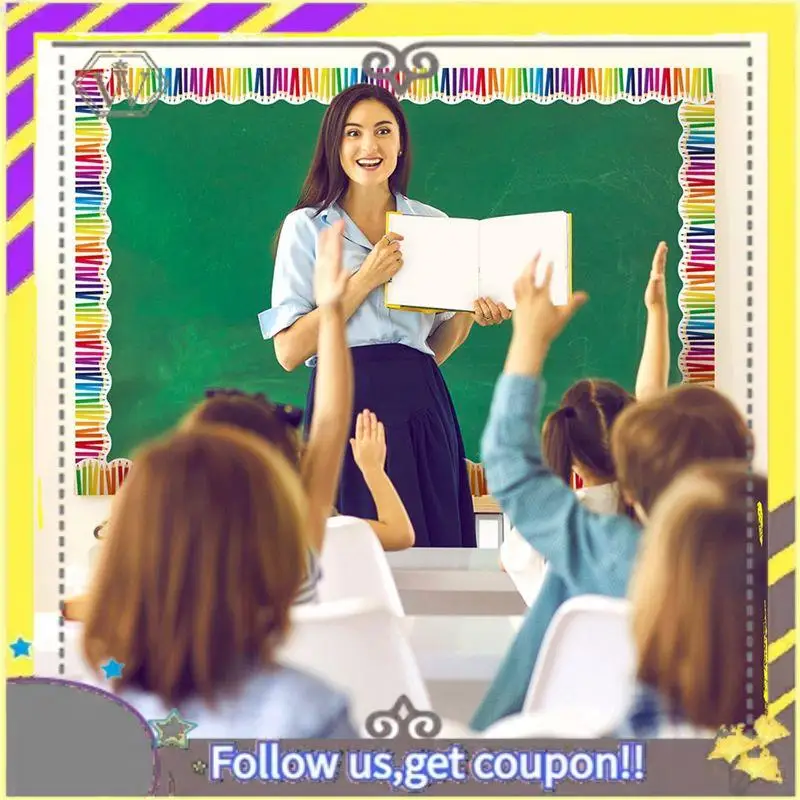 AU33-3 Roll 59Ft Self Adhesive Bulletin Board Borders Scalloped Border Trim With Pencil Patterns For Classroom Office Decor