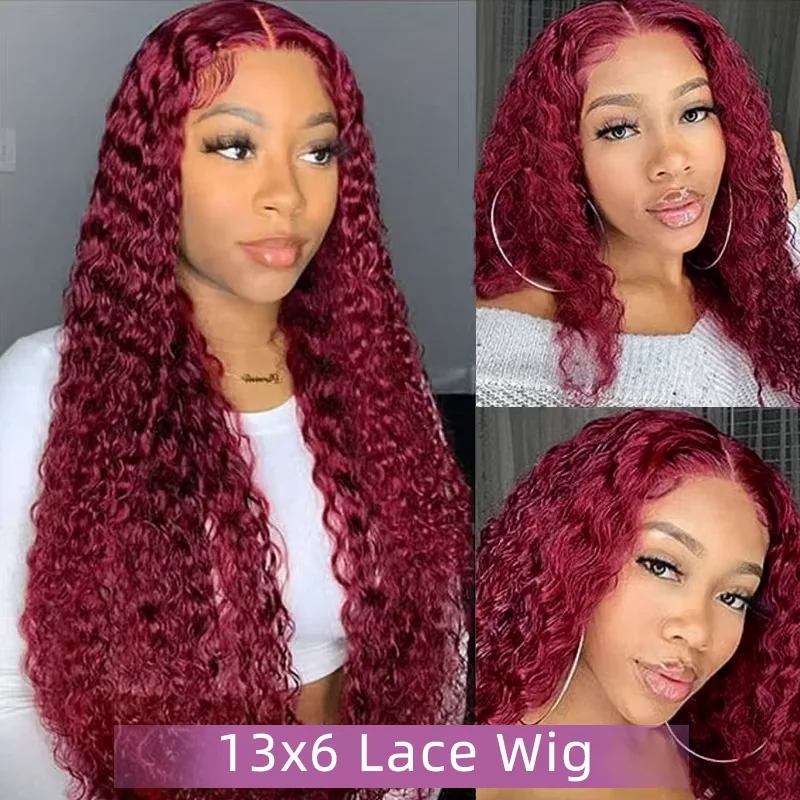 200 Density Burgundy 13x4 Hd Lace Frontal Human Hair Wig 30 Inch Colored Red 99j Lace Front Wig Curly Wigs Deep Wave Human Hair