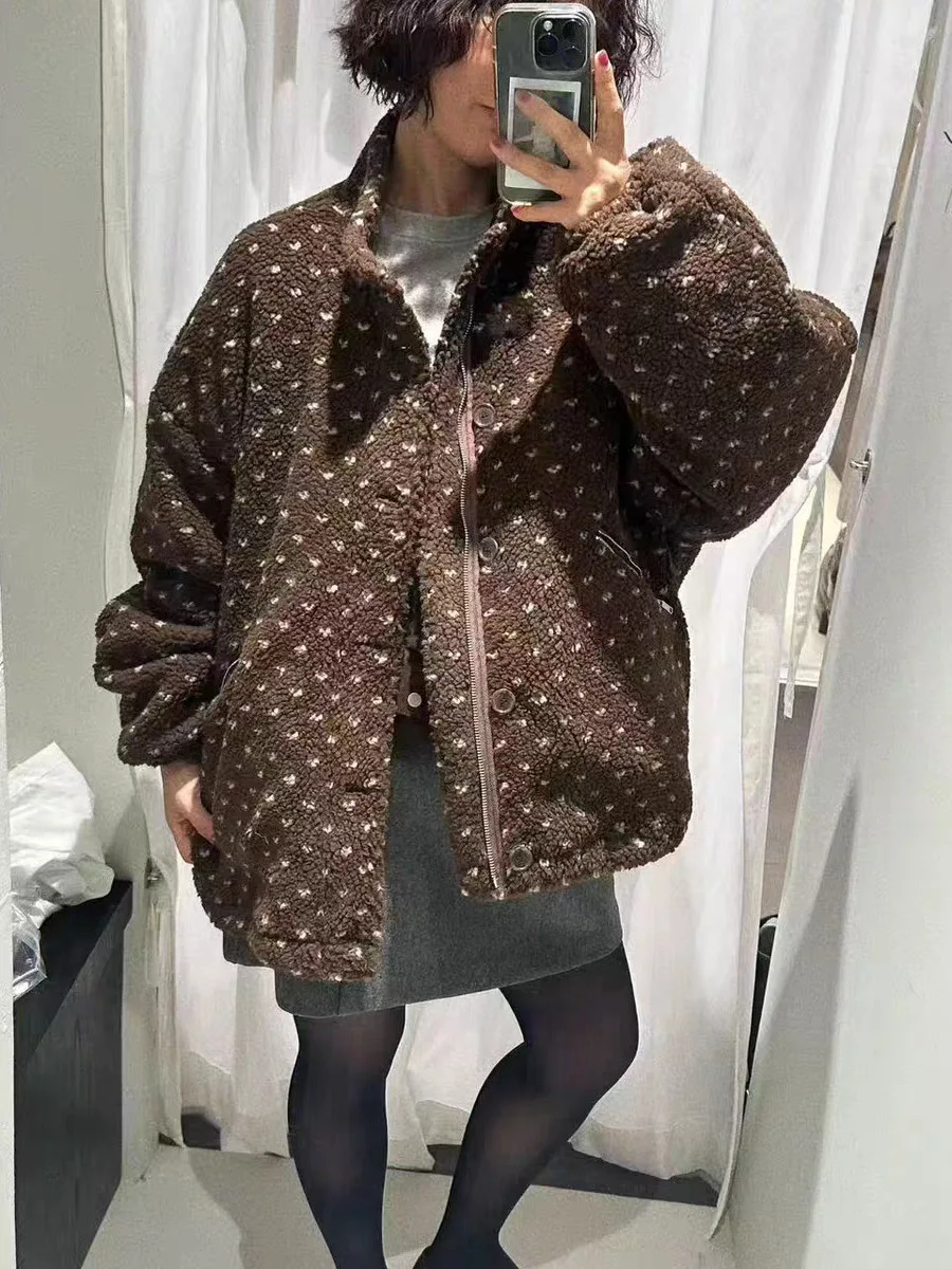 بوابة الشرق القلب البولكا نقطة فرو الضأن Jaet المرأة خمر فضفاض دافئ الوقوف طوق Plu معطف المرأة Faion الخريف #5