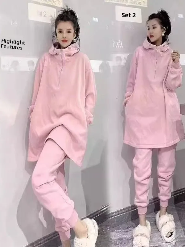 

plus Size 300 Pou Hooded Zipper Sweatirt Pants Fce Mid-Length Women's Two-Piece Set Autumn Winter Polyester Fiber