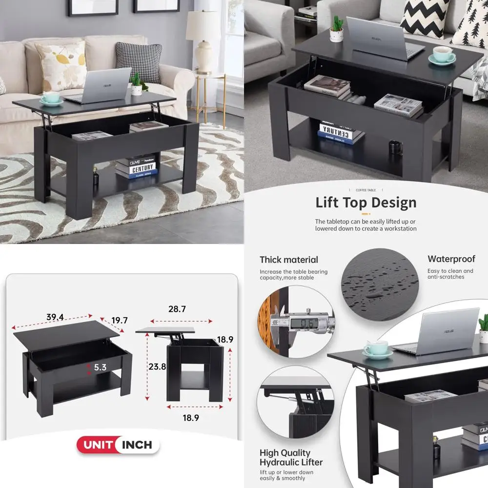 

Black Wooden Lift-Top Coffee Table with Storage Shelf and Hidden Compartment for Home, Living Room, Reception, Office