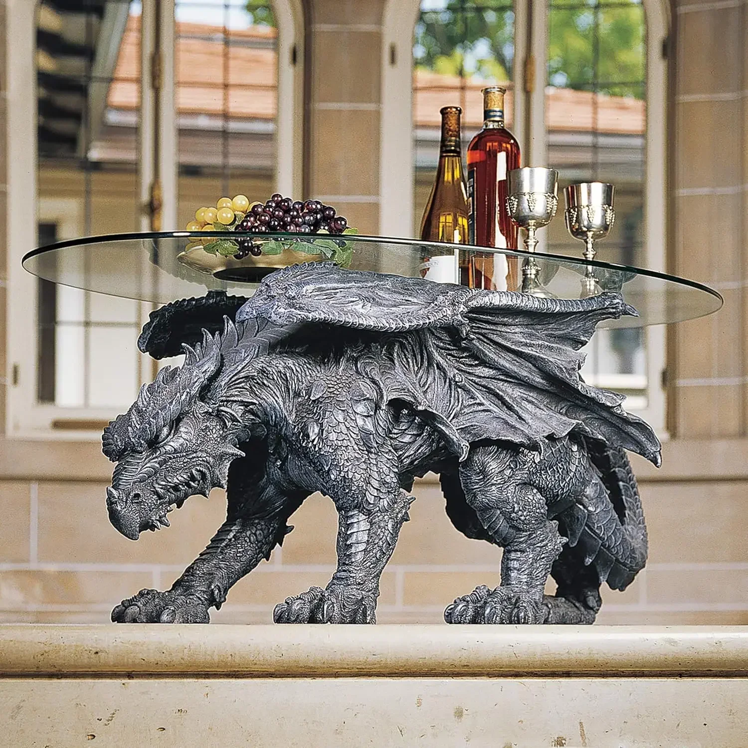 Warwickshire Dragon Gothic Decor Glass Topped Coffee Table, 39 Inch, Polyresin, Grey Stone