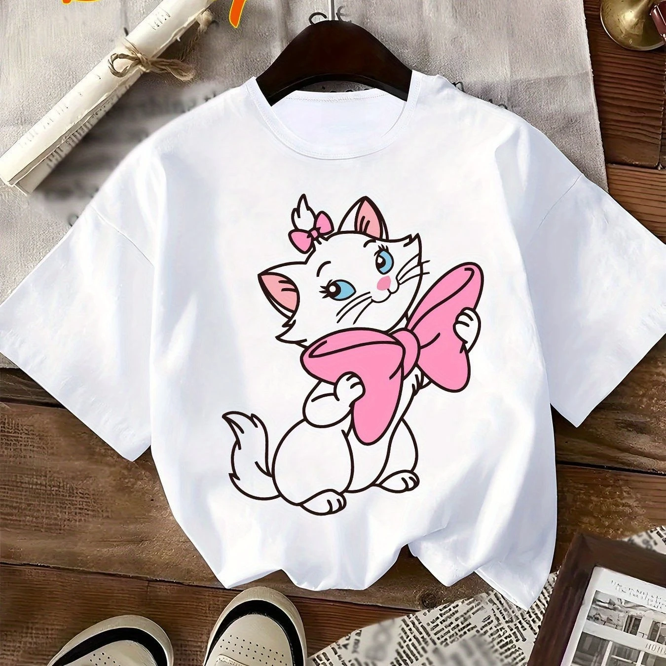 

Disney Marie Cat Girl Kids Summer T-Shirt Family Parent-Child Clothing Cartoon Animation Casual Loose Comfort Short Sleeve Women
