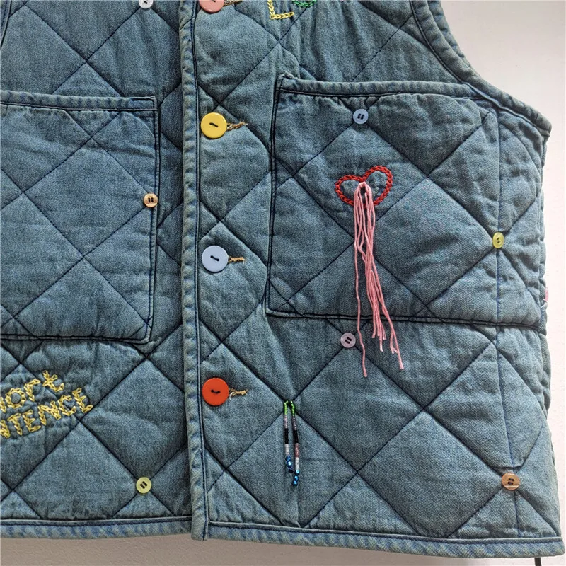 HKSH Autunno Inverno Nuove donne gilet caldo scollo a V monopetto lettera ricamata giacca imbottita in cotone denim alla moda HK13764
